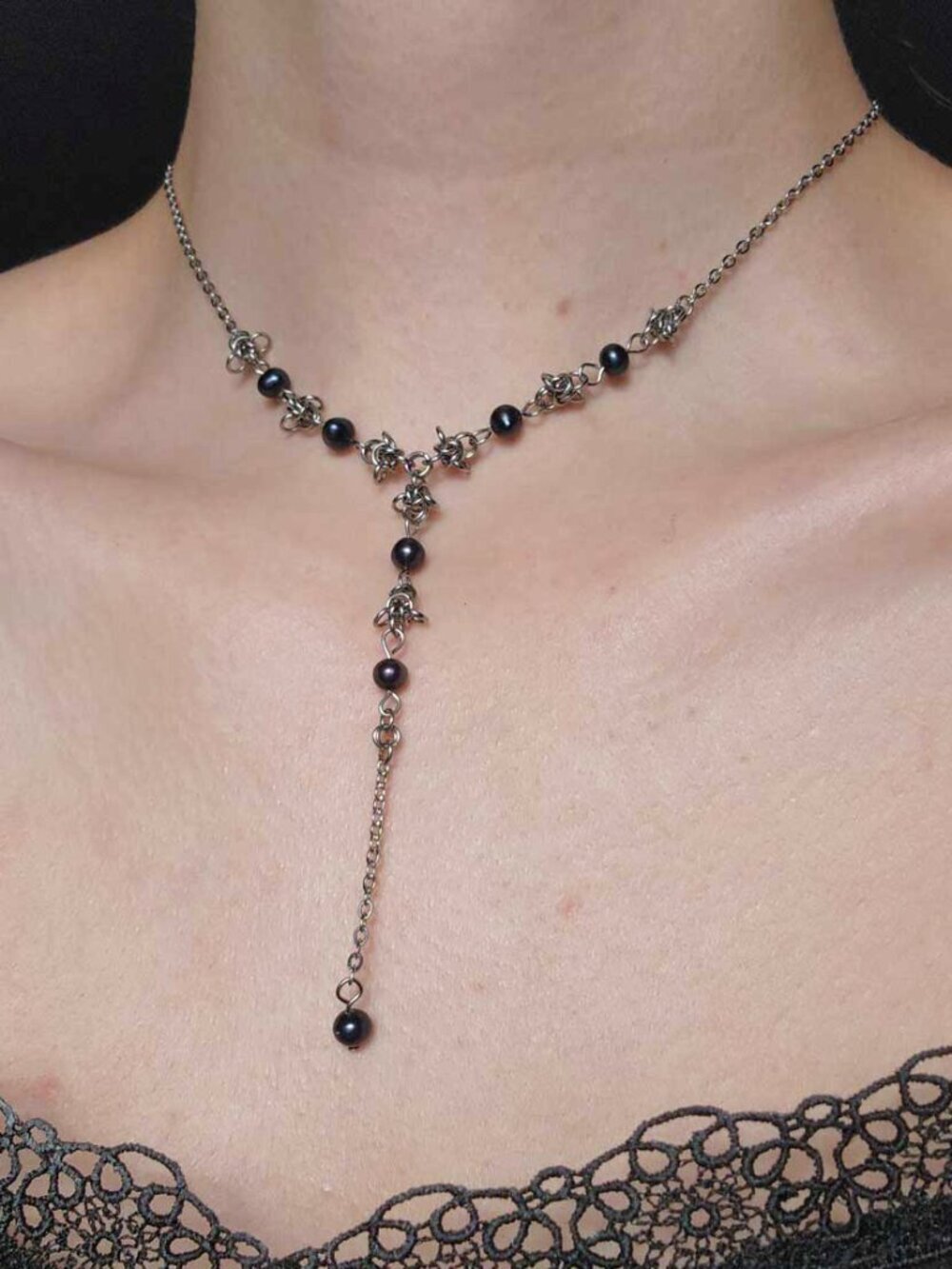 Gothic black pearl and silver rosary necklace